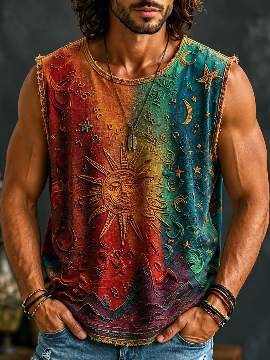 Men's Sun Moon Star Tie Dye Art Print Tank Top