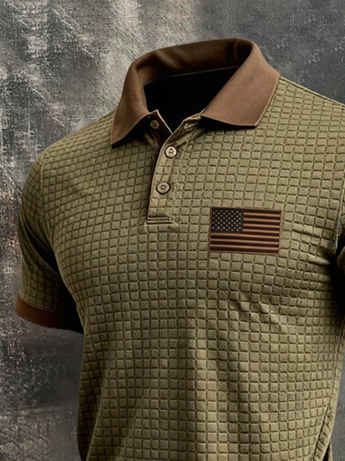 Men'S Retro "Patriot" Textured Fabric Short-Sleeve T-Shirt With Contrast Polo Collar