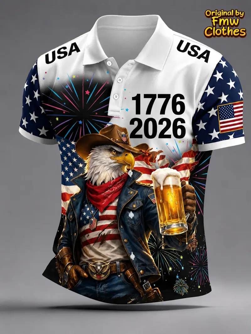 Men's American Independence Day 250th Anniversary Cowboy Eagle Beer Memorial Short Sleeve Shirt