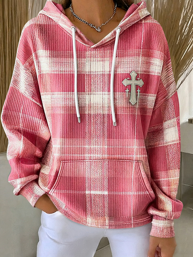 Women's Retro Plaid Three Cross Drawstring Hoodie