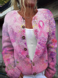 Women's Breast Cancer Awareness Pink Ribbon And Floral Knit Cardigan