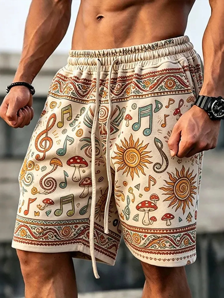Men's Hippie Style Sun And Musical Note Print Casual Shorts
