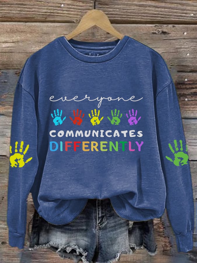 Retro Autism Awareness Everyone Communicates Differently Print Sweatshirt