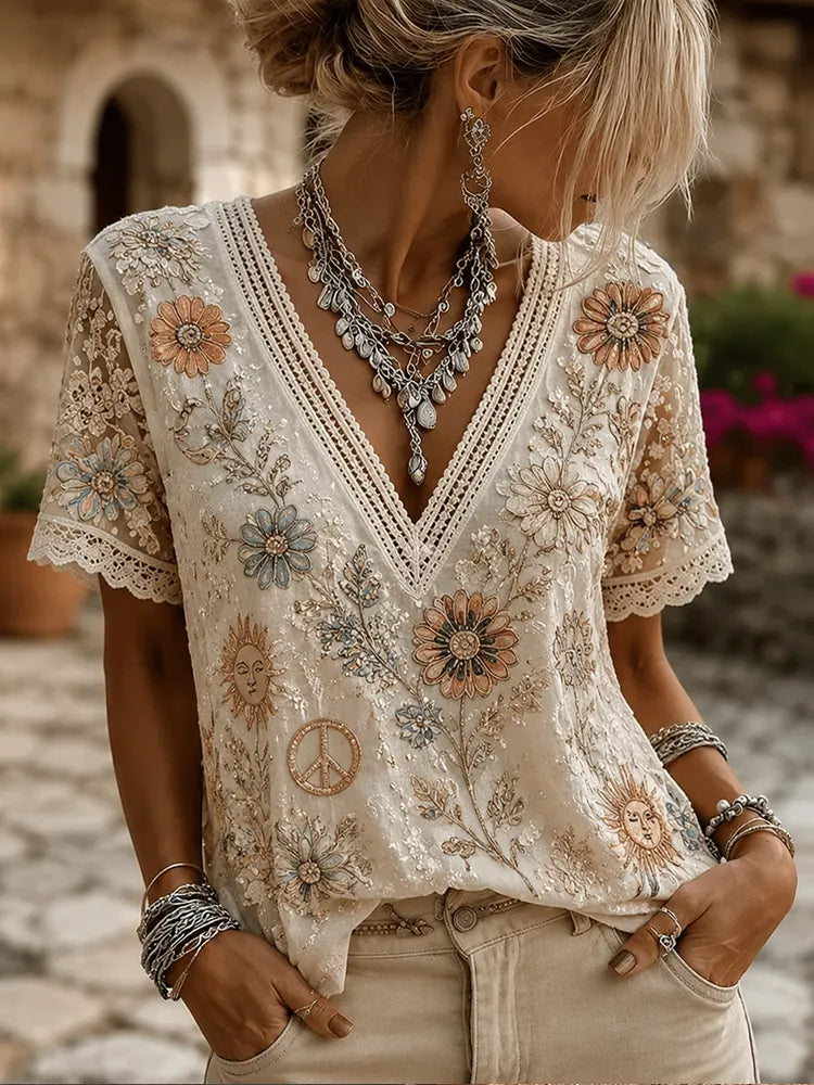 Women's Boho V-neck Sun, Peace Sign & Floral Heavy Embroidered Short-sleeve Top