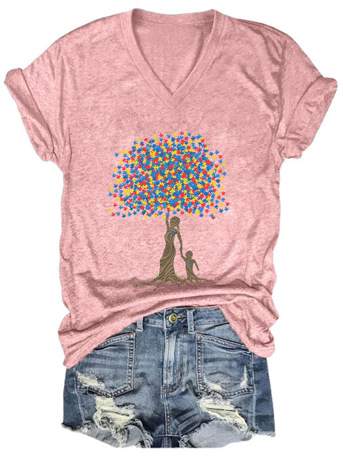 Women's Casual Autism Awareness Printed Short Sleeve T-Shirt