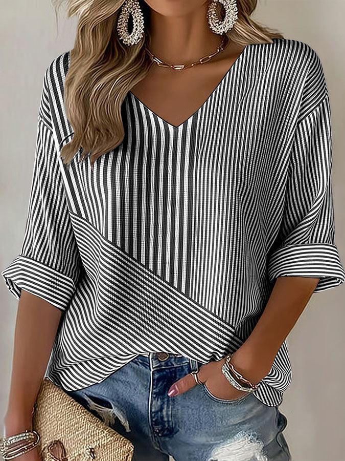 Women'S Casual Breast Cancer Awareness Print Pink Stripe Art V-Neck T-Shirt