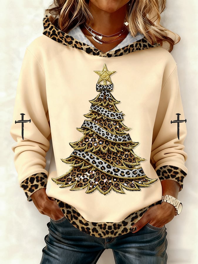 Women's Casual Leopard Print Christmas Tree Hoodie