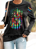 Women’s Retro Autism Awareness Colorful Puzzle Pieces Ribbon American Flag Print Sweatshirt