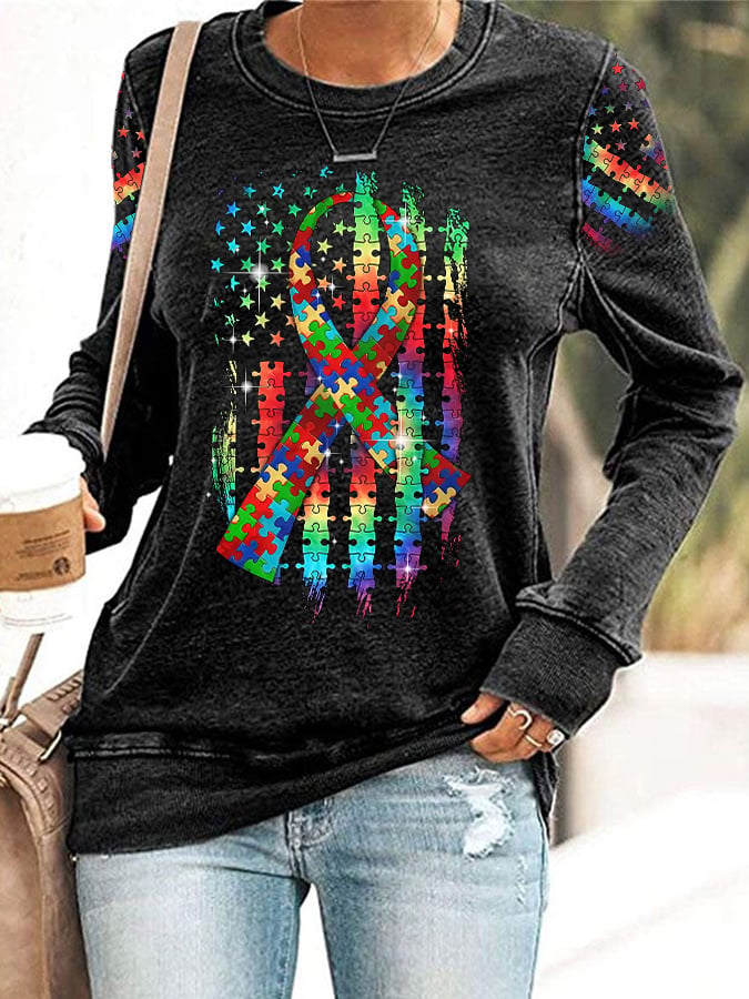 Women’s Retro Autism Awareness Colorful Puzzle Pieces Ribbon American Flag Print Sweatshirt