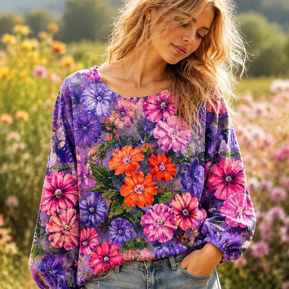 Women's Casual Crewneck Sweatshirt With Vibrant Purple And Pink Watercolor Floral Print