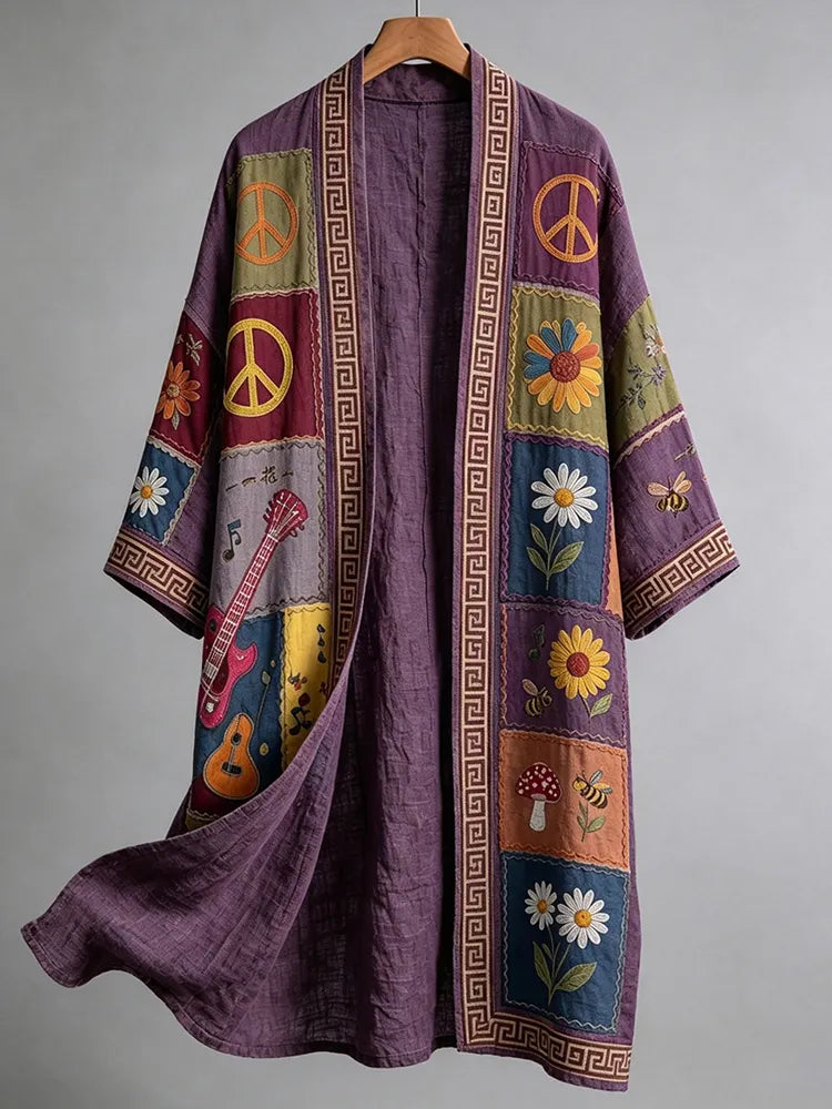 Men's Retro Hippie Peace Music Art Pattern Casual Long Cardigan