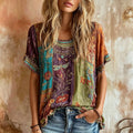 Women's Retro Floral And Dragonfly Art Pattern Linen T-shirt
