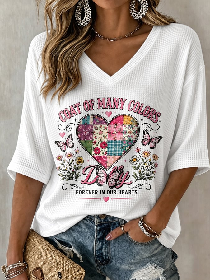 V-Neck Retro Coat Of Many Colors Forever In Our Hearts Print T-Shirt