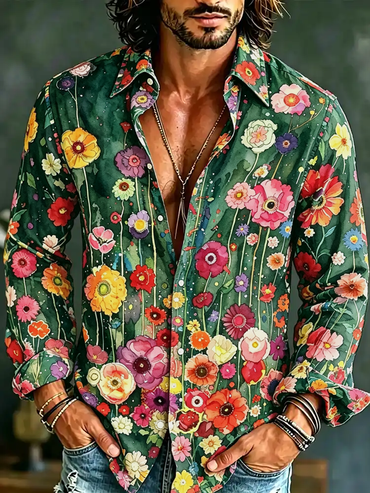 Men's Vintage Hippie Floral Art Print Long Sleeves Linen Shirt