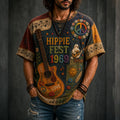 Men's Hippie Music With Pigeons Playing Guitar Patchwork Pattern Print T-shirt