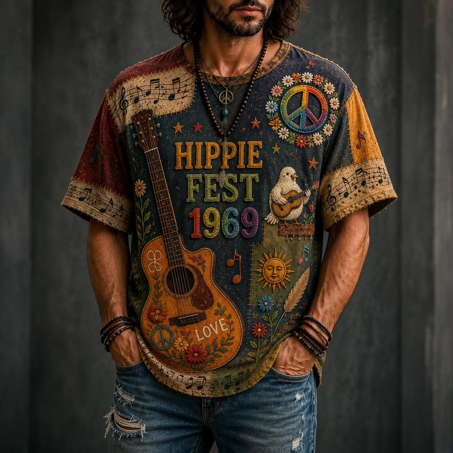 Men's Hippie Music With Pigeons Playing Guitar Patchwork Pattern Print T-shirt