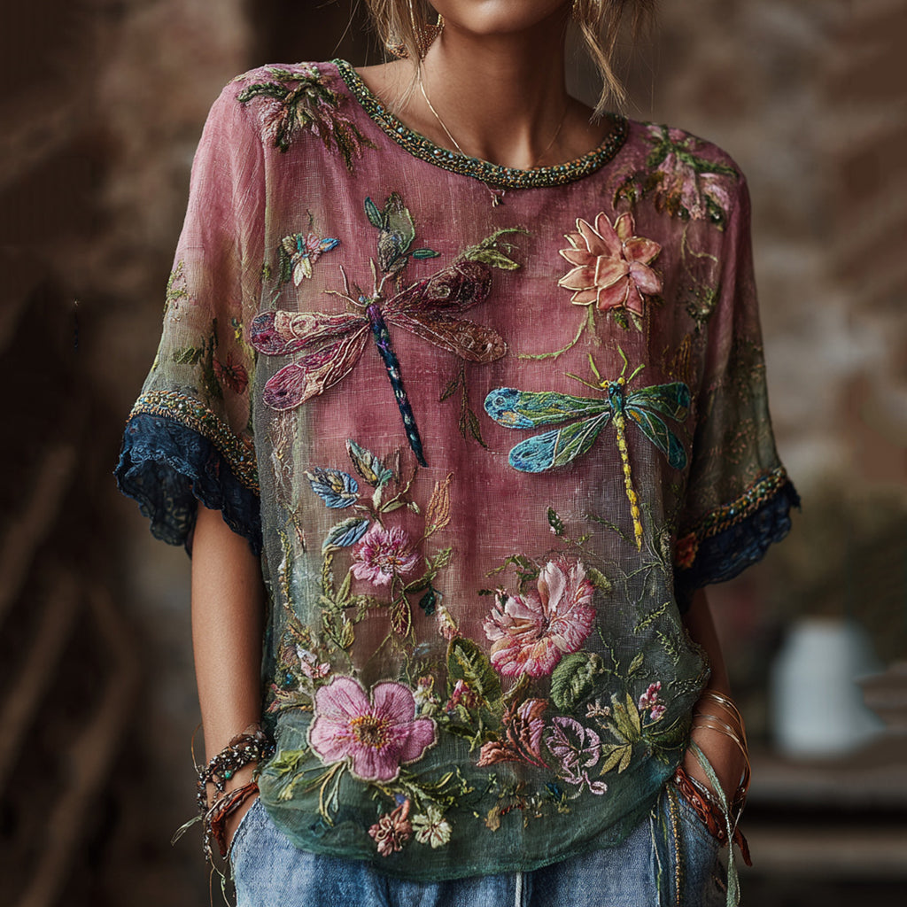 Women's Vintage Dragonfly And Floral Art Print Crew Neck Linen Blend Short Sleeve Tops