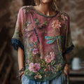 Women's Vintage Dragonfly And Floral Art Print Crew Neck Linen Blend Short Sleeve Tops