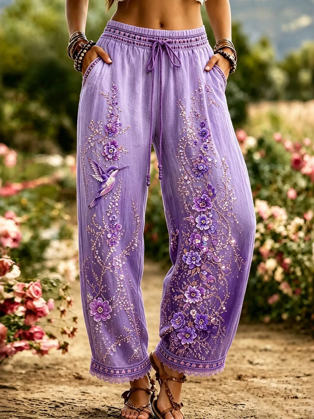 Women's Purple Floral & Hummingbird Print Alzheimer's Awareness Casual Pants