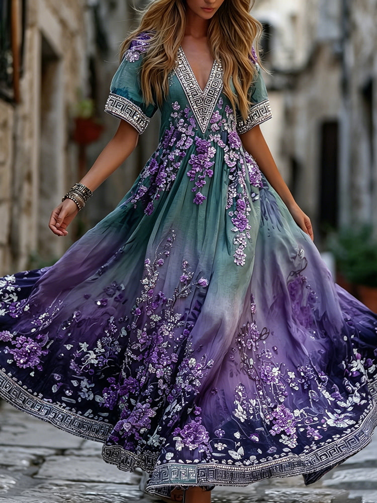 Vintage Classy Gradient Purple Lavender And Floral Art Linen Blend Loose V Neck Maxi Dress