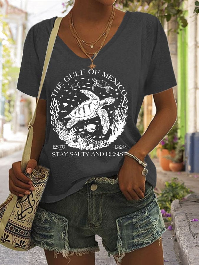Women's The Gulf Of Mexico Print V Neck Casual T-Shirt