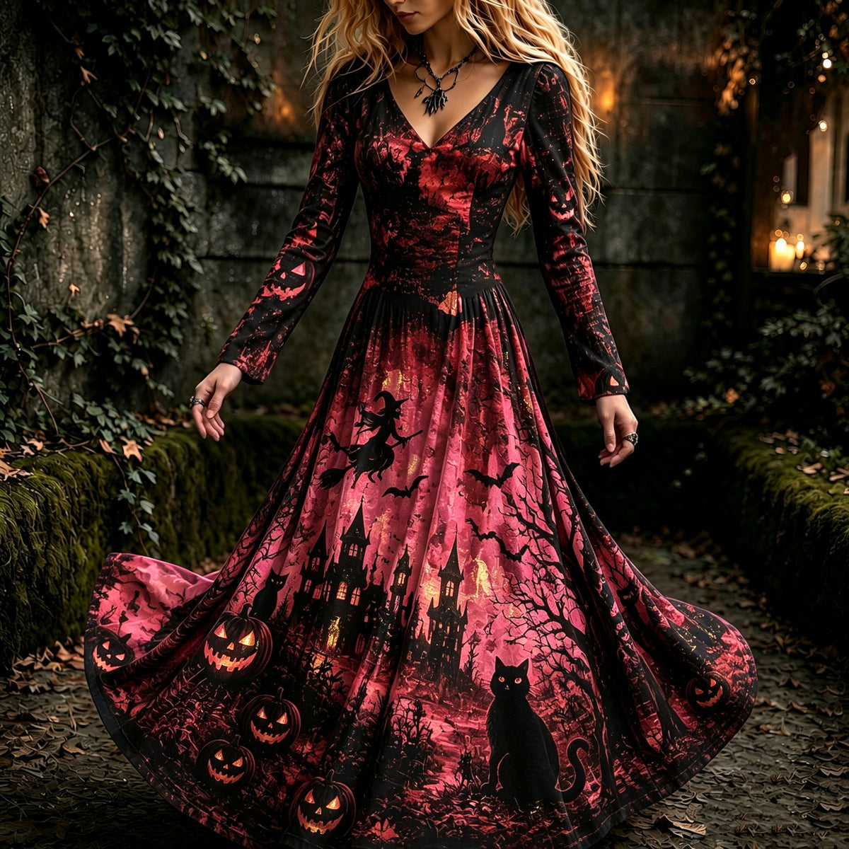 Women's Vintage Halloween Witch, Cat, And Castle Print Dress