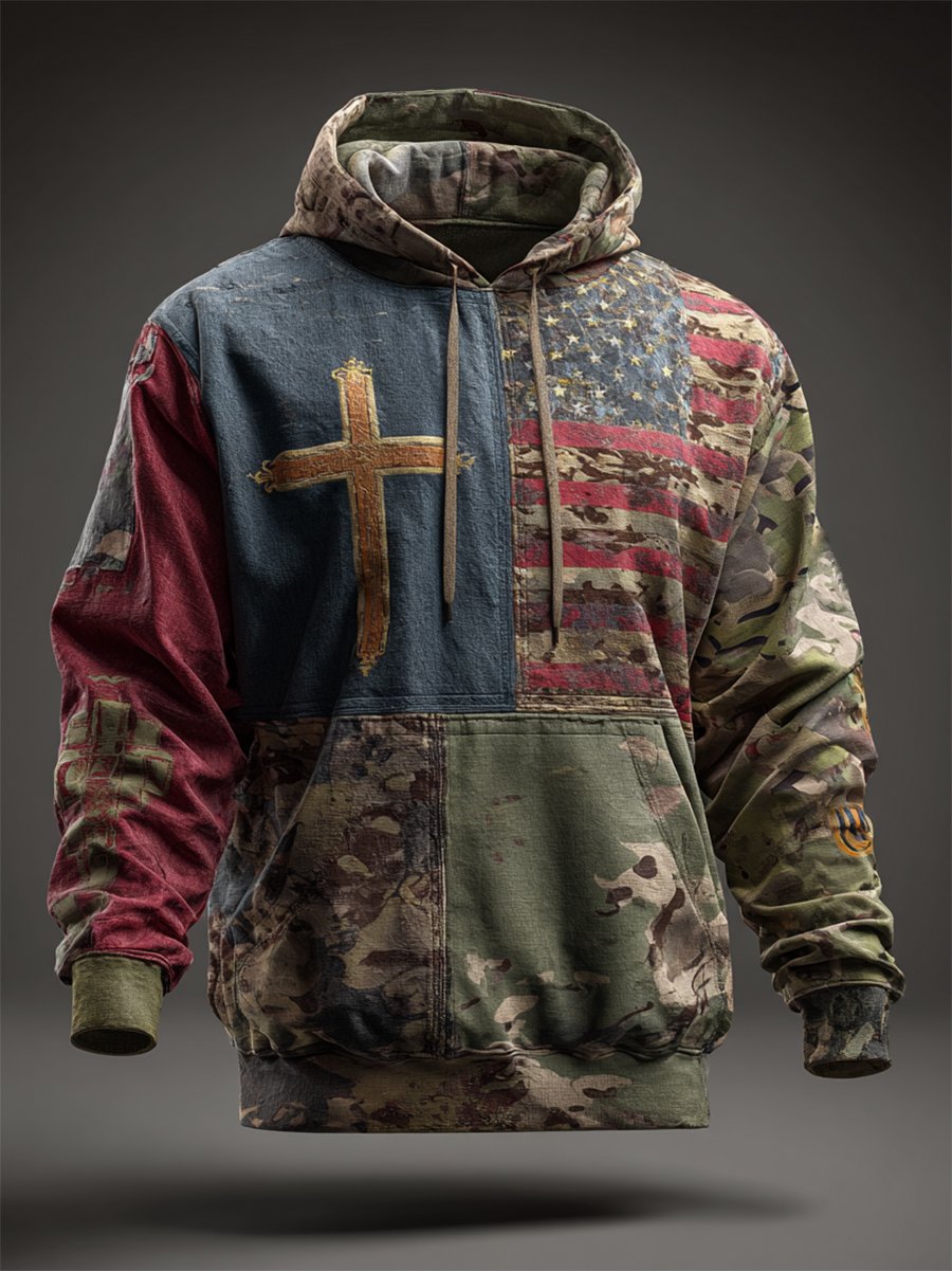 Men's Vintage Casual American Flag Cross Faith Hoodie
