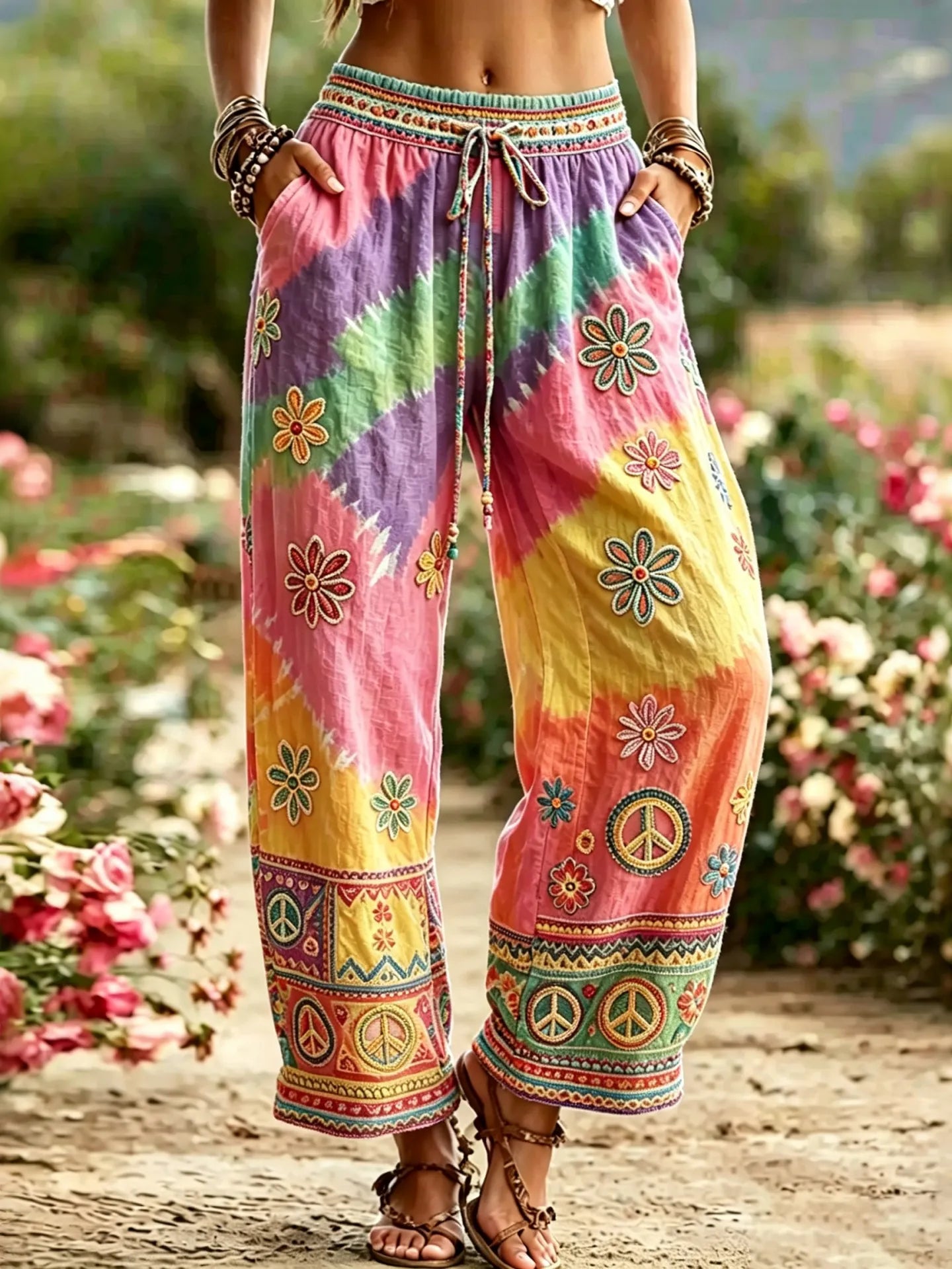 Women's Hippie Vintage Floral Gradient Art Cotton Linen Casual Pants