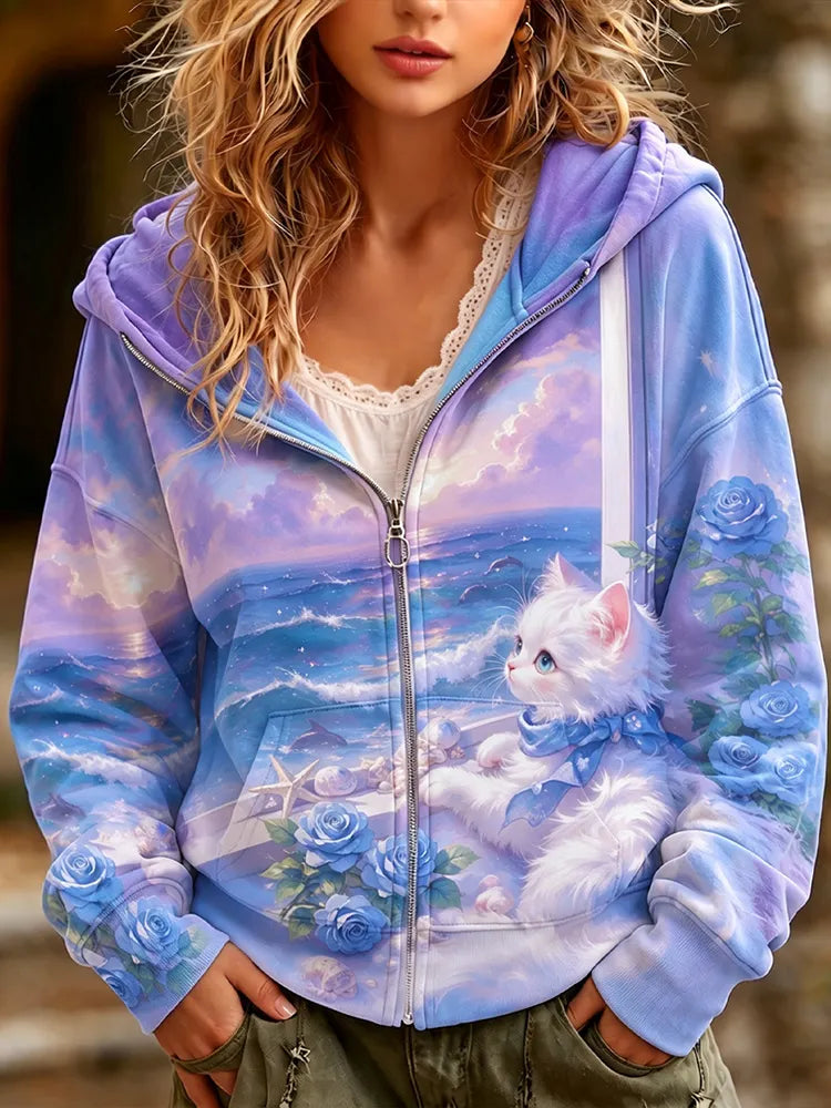 Women's Cute Cat And Floral Art Print Casual Zip Up Hoodie