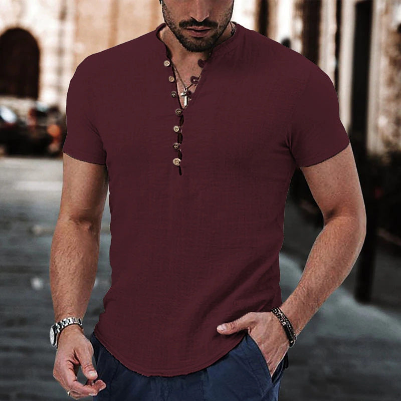 Men's Linen Short Sleeve Henley  T-Shirt