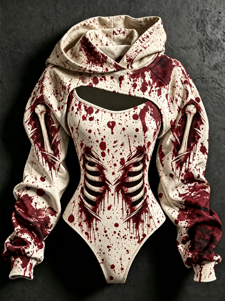 Women's Halloween Blood Stain And Skeleton Print Hoodie Two-piece Set