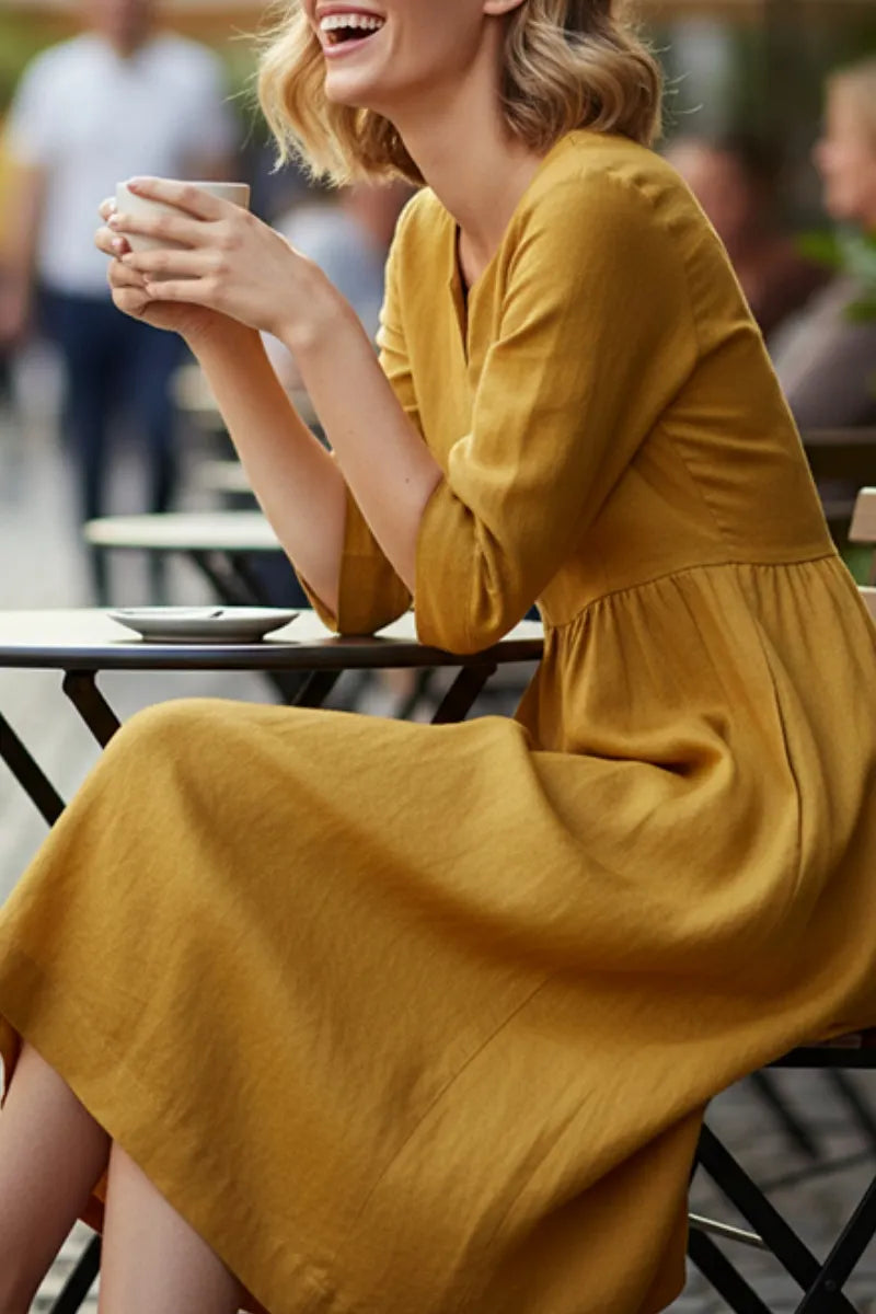 V-Neck Casual Dress, Three-Quarter Sleeves, With Pockets