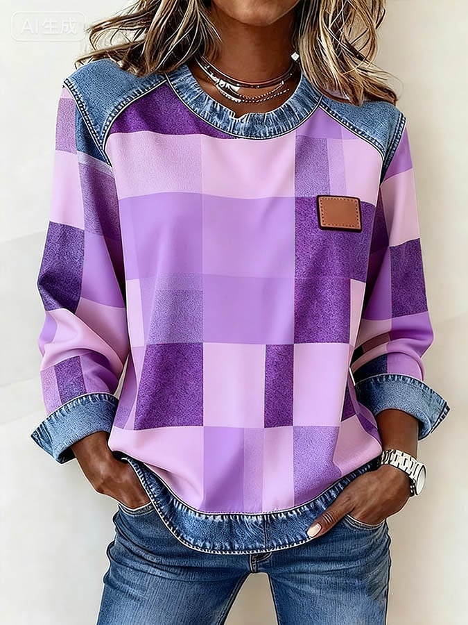 Women'S Casual Round Neck Denim Patchwork Pullover Sweatshirt
