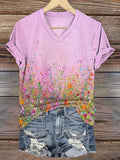 Women's Breast Cancer Awareness Pink Floral Printed V Neck T-Shirt
