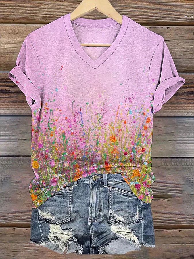 Women's Breast Cancer Awareness Pink Floral Printed V Neck T-Shirt