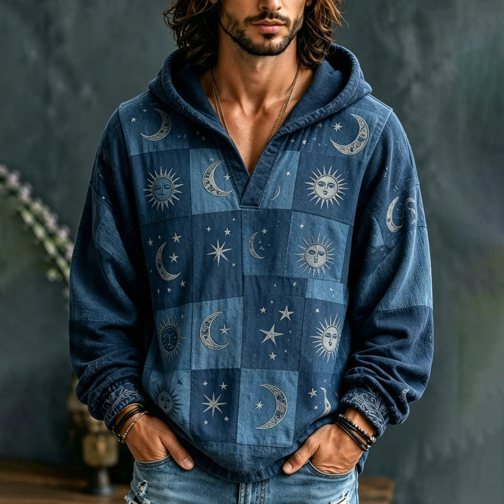 Men's Hippie Celestial Sun Moon Star Grid Print V-neck Hoodie