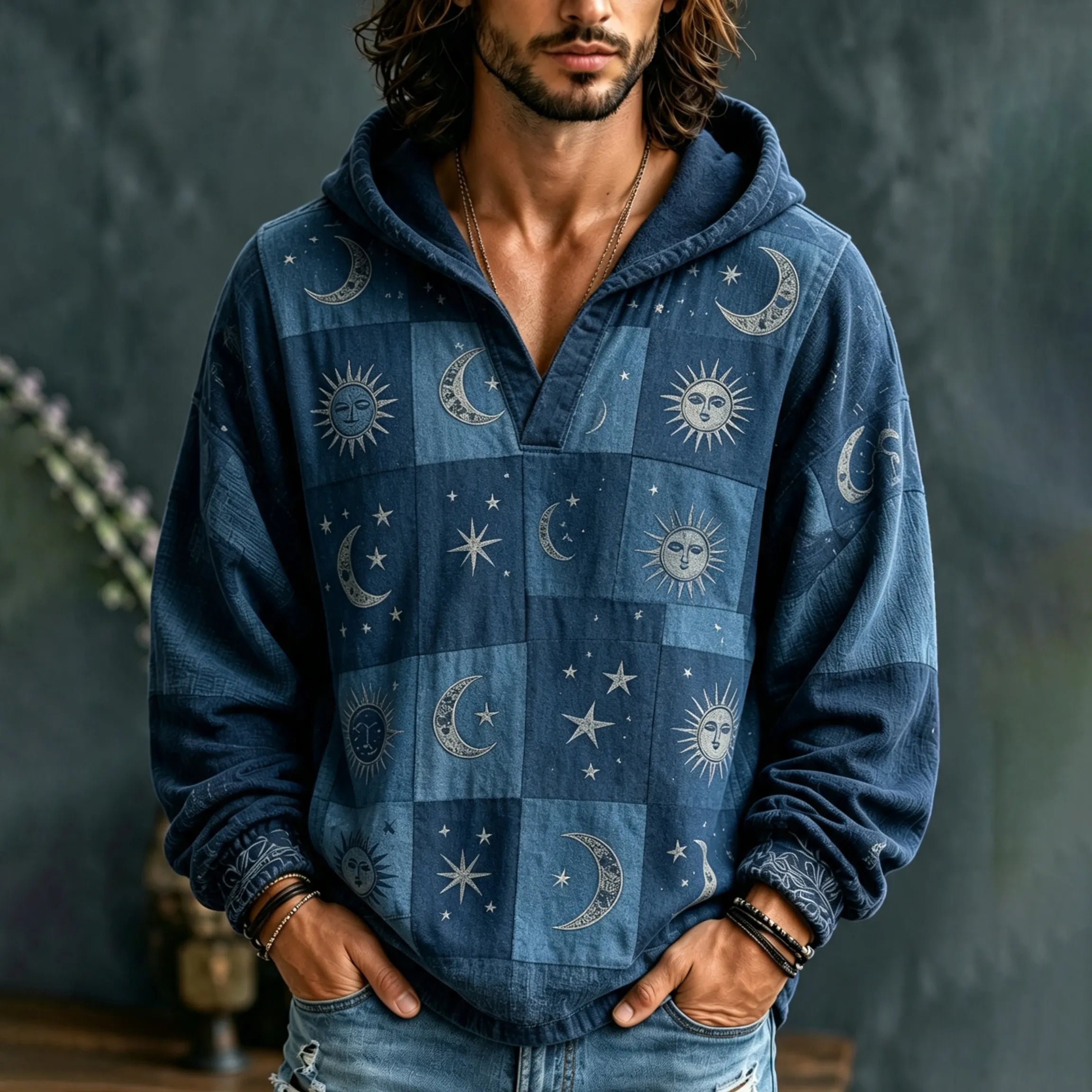 Men's Hippie Celestial Sun Moon Star Grid Print V-neck Hoodie