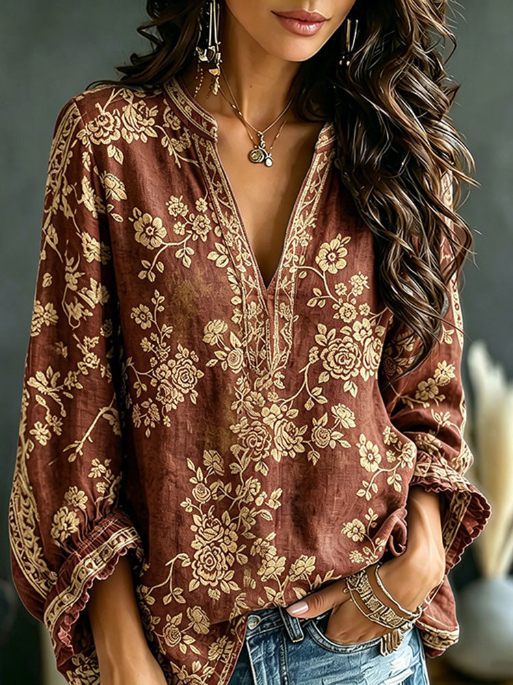Women's Vintage Floral Design Linen Tunic Top