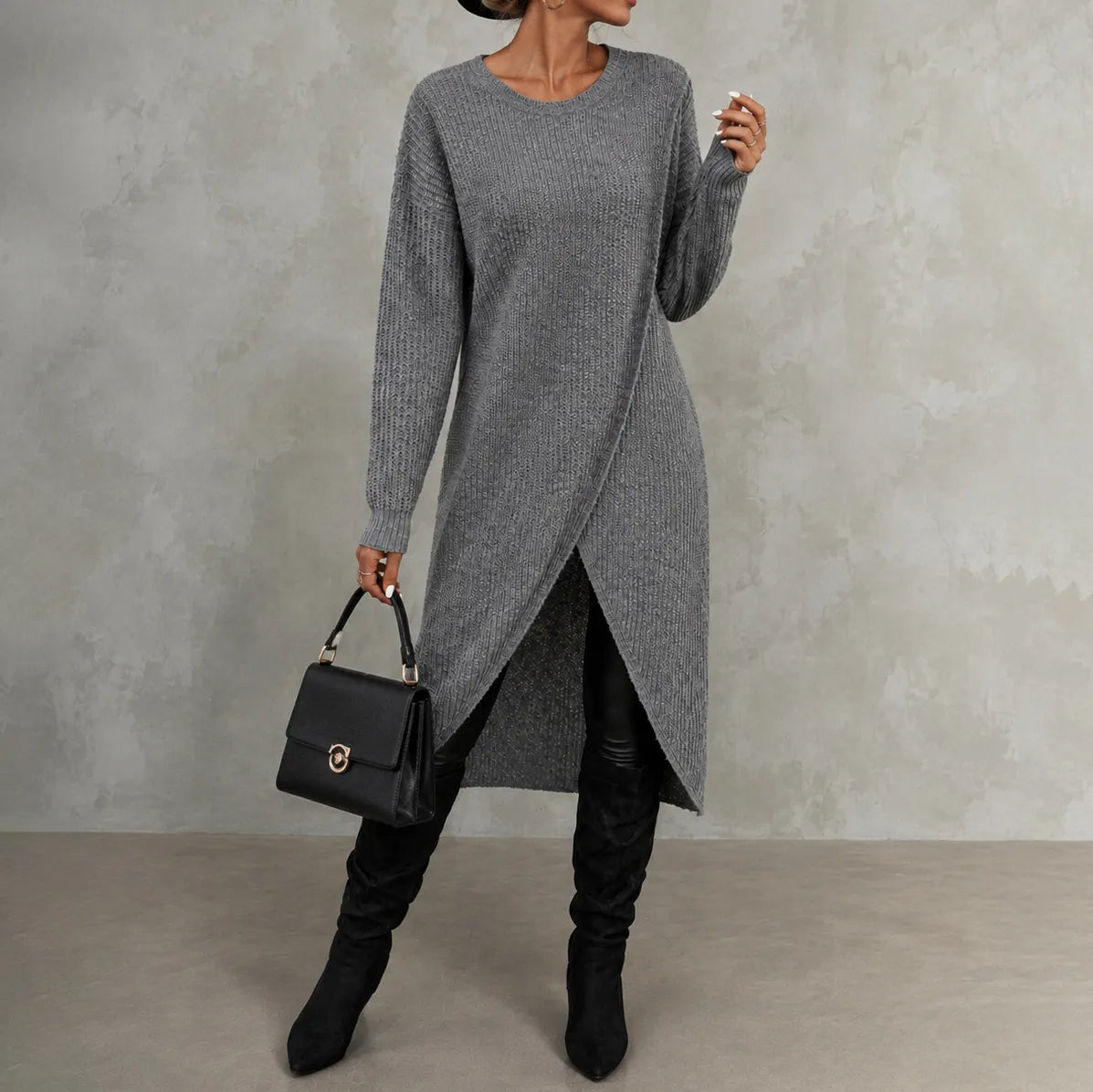 Elegant Crew Neck Long Knit Sweater