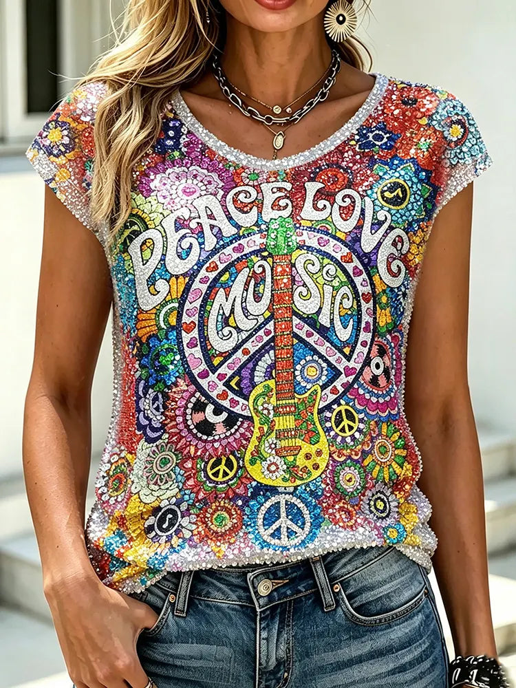 Women's Hippie Style Peace Sign Floral Print Casual T-shirt