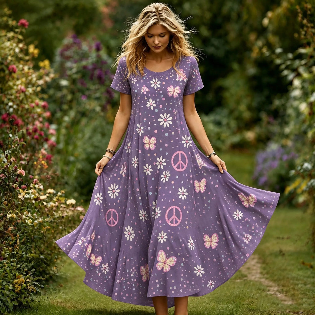 Women's Retro Hippie Style Floral Sequin Embroidered Print Dress