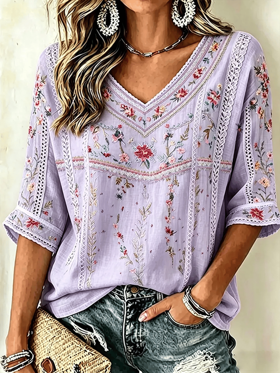 Women's Retro Breast Cancer Floral Print Long-Sleeved Top