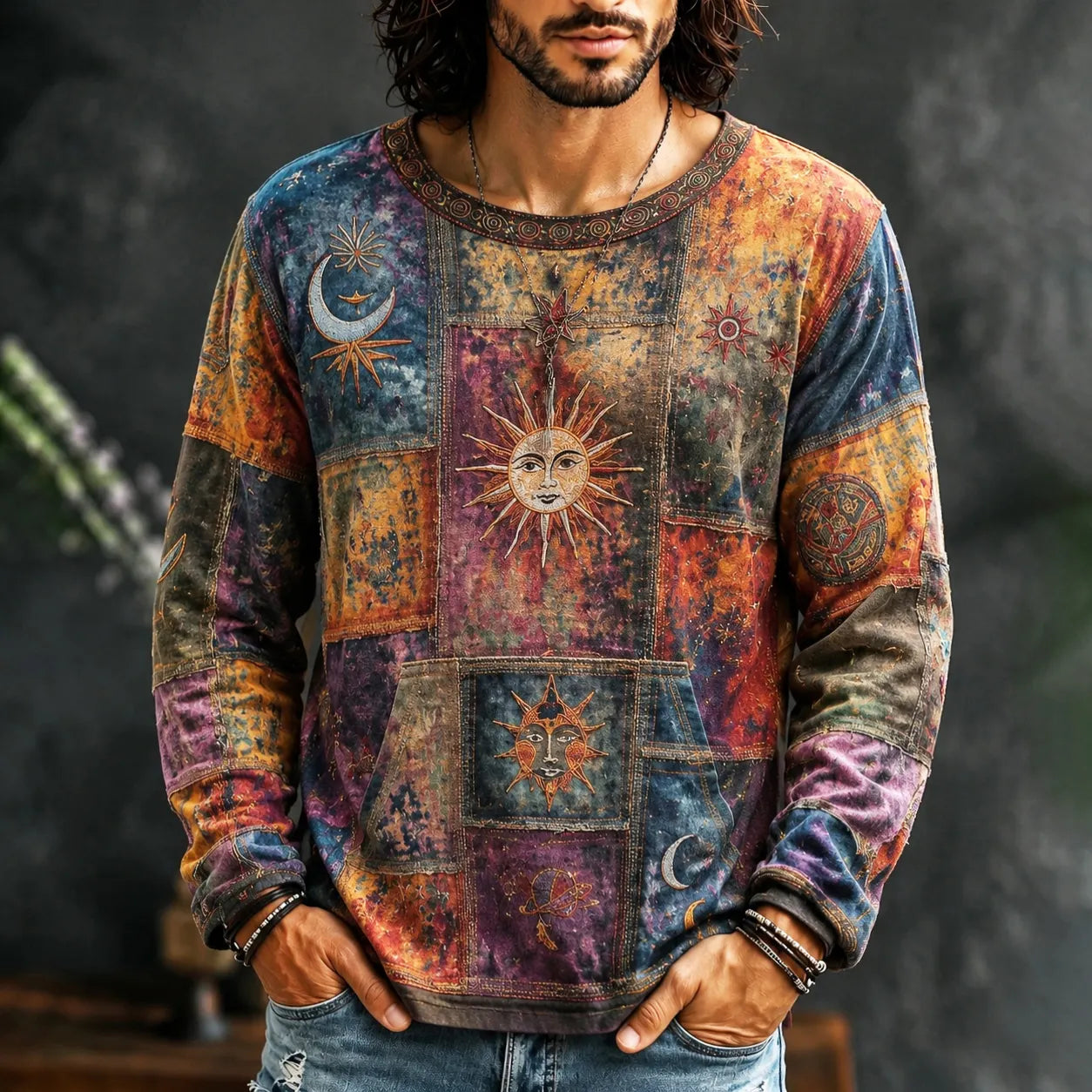 Men's Boho Sun And Moon Hippie Art Print Long Sleeve T-shirt