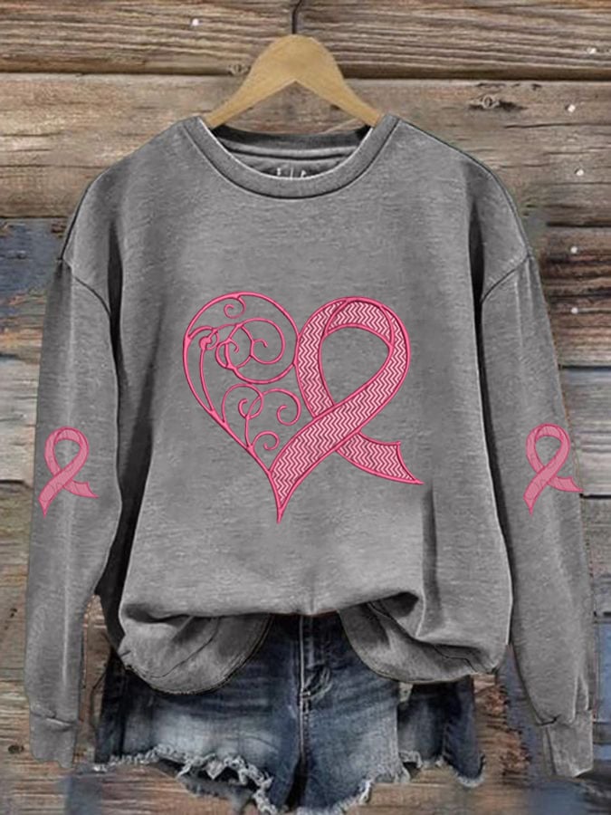 Women's Breast Cancer Awareness Heart Ribbon Print Sweatshirt