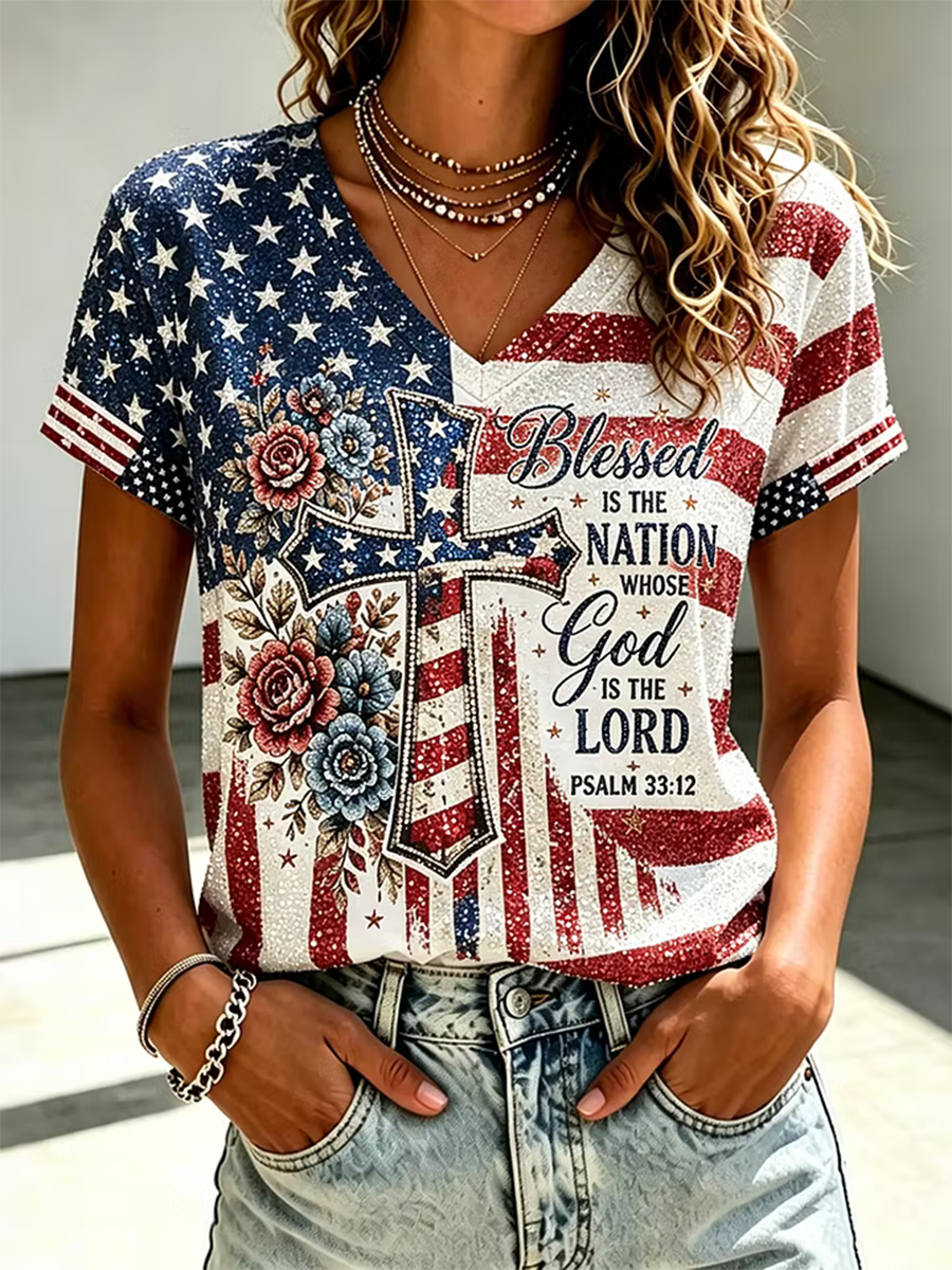 American 250Th Anniversary Faith Printed V-Neck Short Sleeve T-Shirt