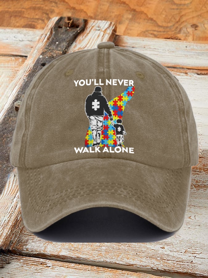 Retro Autism Awareness Dad And Son You'll Never Walk Alone Print Baseball Cap