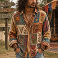 Hippie Peace Symbol And Floral Art Patchwork Vintage Cotton Linen Lapel Long Sleeve Shirt