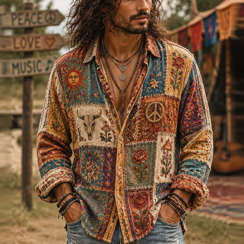 Hippie Peace Symbol And Floral Art Patchwork Vintage Cotton Linen Lapel Long Sleeve Shirt