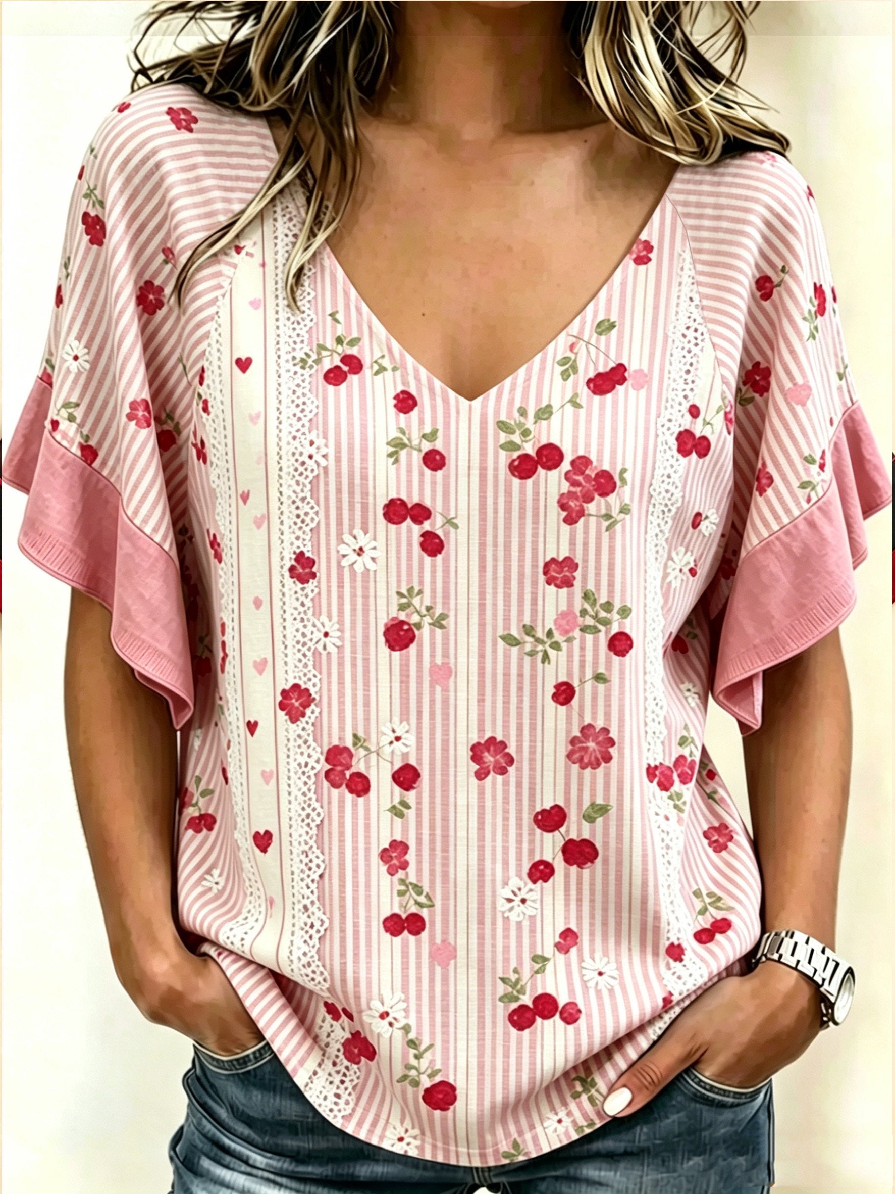 Women's Floral Print V-Neck Top