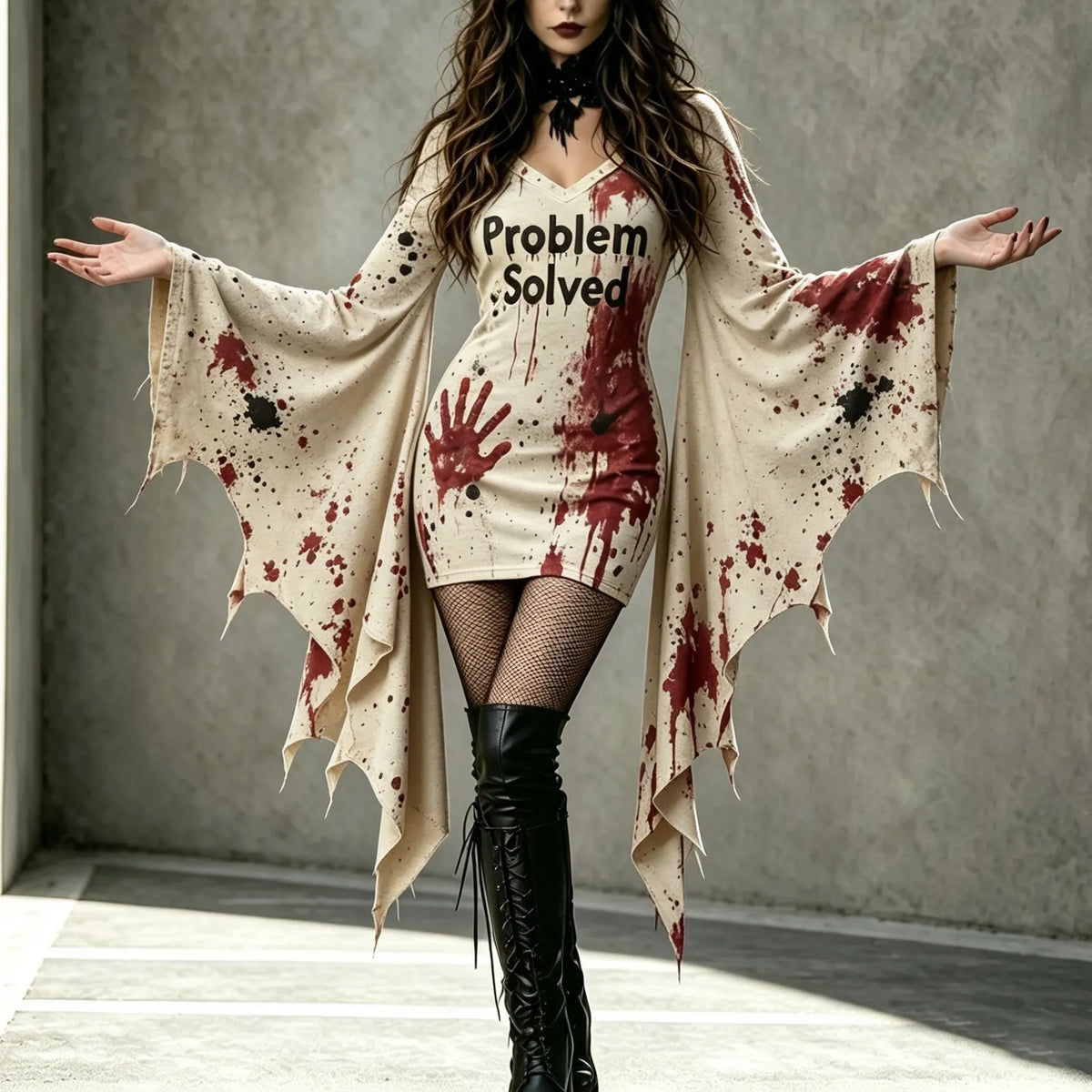 Women's Gothic With Problem Solved Batwing Flare Sleeve V Neck Bodycon Dress – Halloween Costume